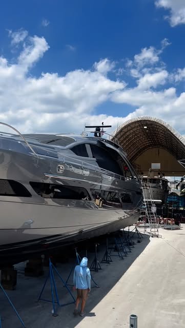Motor yacht hauled out and prepped for ceramic coating